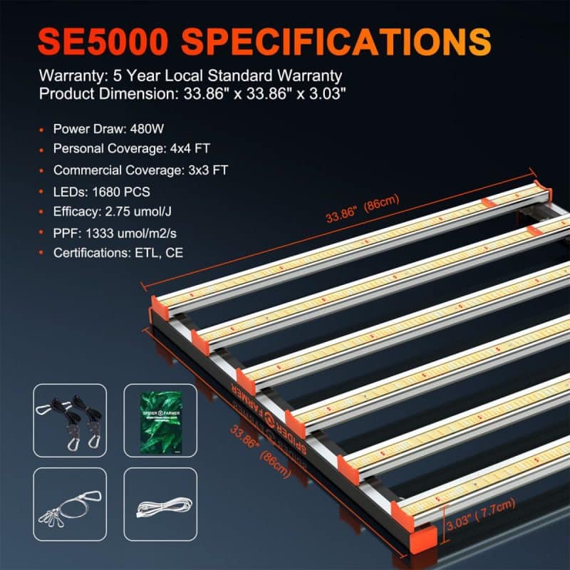 Spider Farmer SE5000 480W full spectrum led grow light specification